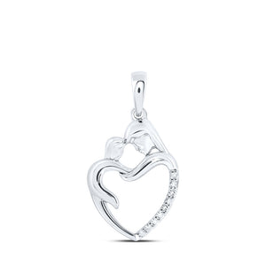 10kt White Gold Womens Round Diamond Mom Child Heart Pendant 1/20 Cttw