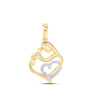 10kt Yellow Gold Womens Round Diamond Mom Child Heart Pendant 1/12 Cttw