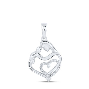 10kt White Gold Womens Round Diamond Mom Child Heart Pendant 1/12 Cttw