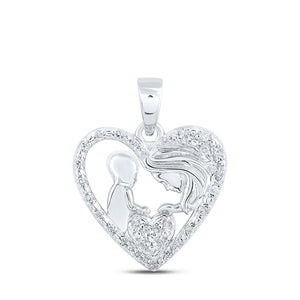 Sterling Silver Womens Round Diamond Mother Child Heart Pendant 1/12 Cttw