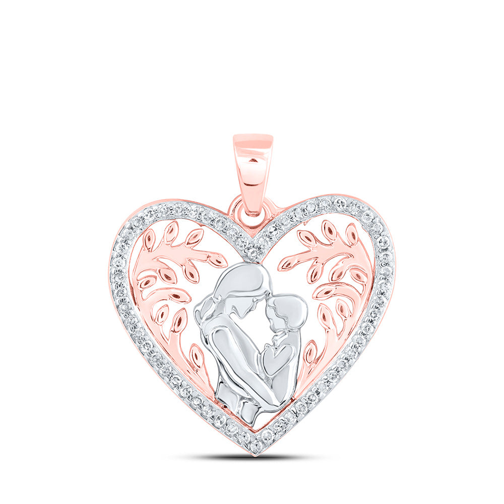 10kt Rose Gold Womens Round Diamond Mom Child Heart Pendant 1/10 Cttw