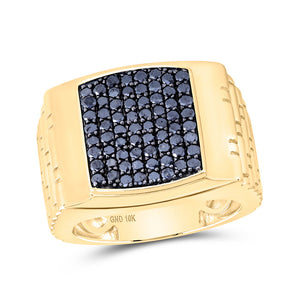 10kt Yellow Gold Mens Round Black Color Treated Diamond Square Ring 1-1/2 Cttw