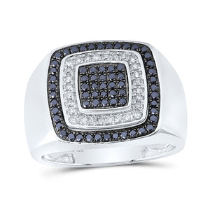 10kt White Gold Mens Round Black Color Treated Diamond Square Ring 3/4 Cttw