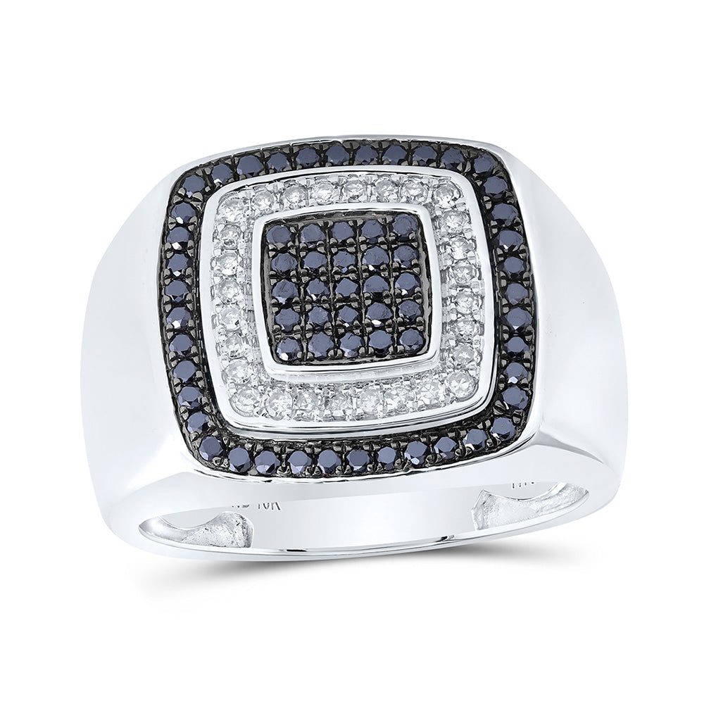 10kt White Gold Mens Round Black Color Treated Diamond Square Ring 3/4 Cttw