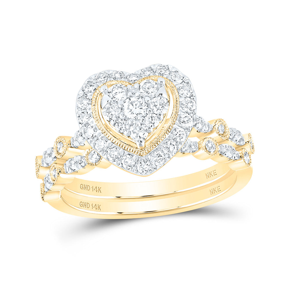 14kt Yellow Gold Round Diamond Heart Bridal Wedding Ring Band Set 5/8 Cttw