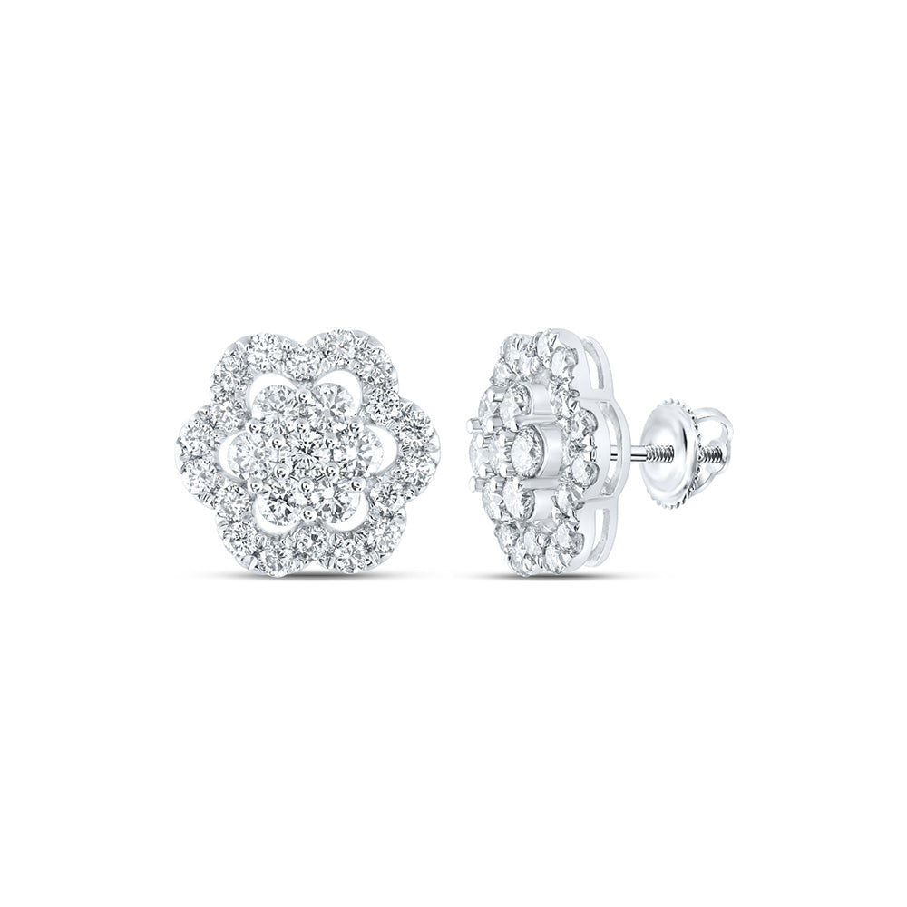 14kt White Gold Womens Round Diamond Flower Cluster Earrings 2 Cttw