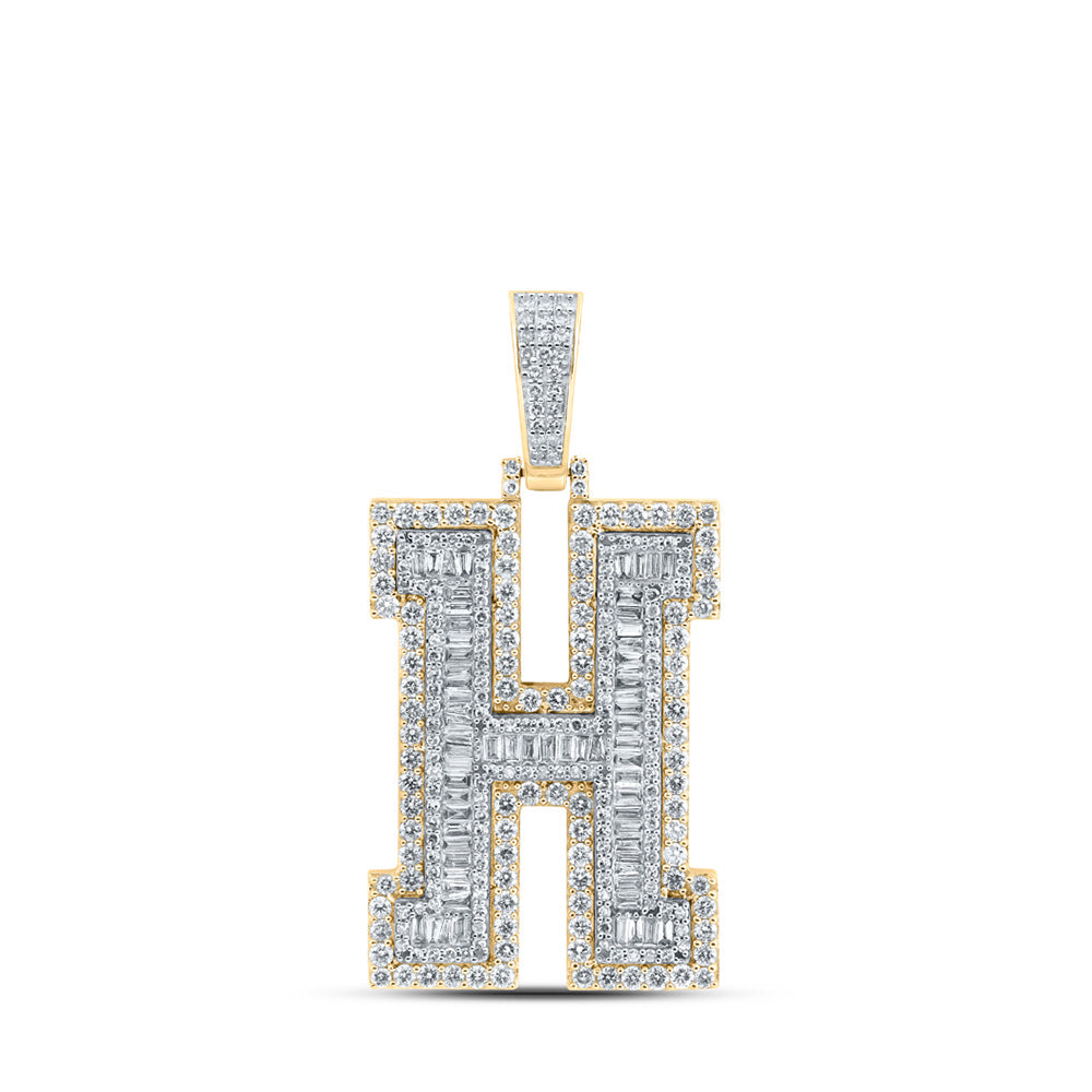 10kt Yellow Gold Mens Baguette Diamond H Initial Letter Charm Pendant 3 Cttw