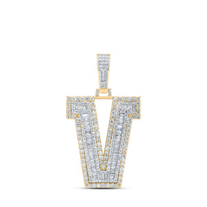 10kt Yellow Gold Mens Baguette Diamond V Initial Letter Charm Pendant 2-3/4 Cttw