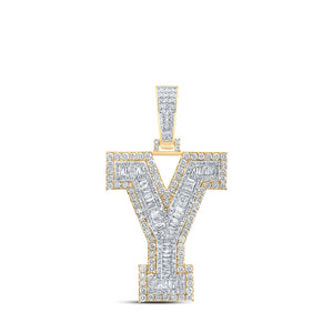 10kt Yellow Gold Mens Baguette Diamond Y Initial Letter Charm Pendant 2-1/2 Cttw