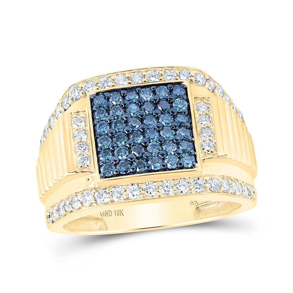 10kt Yellow Gold Mens Round Blue Color Treated Diamond Square Ring 1-5/8 Cttw