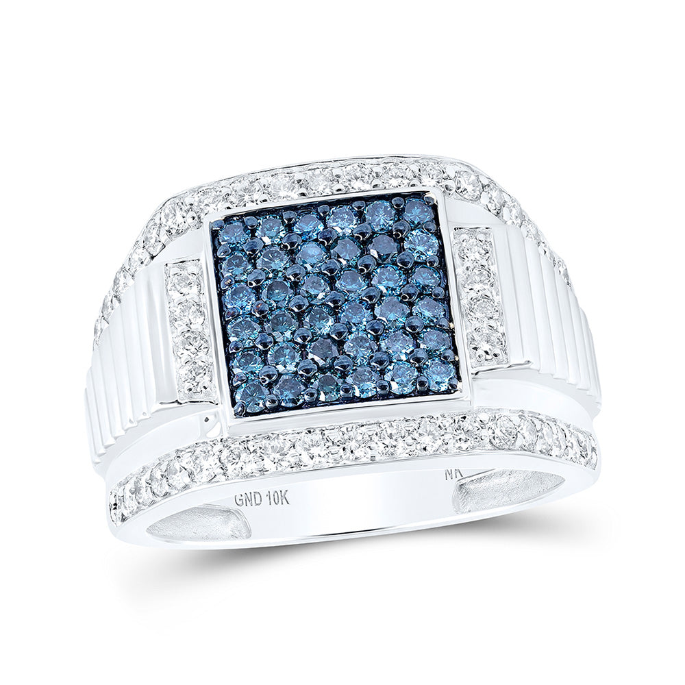 10kt White Gold Mens Round Blue Color Treated Diamond Square Ring 1-5/8 Cttw