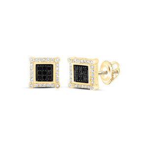 10kt Yellow Gold Mens Round Black Color Enhanced Diamond Square Earrings 1/4 Cttw