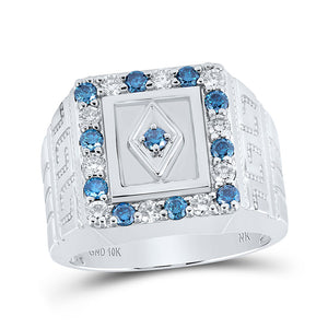 10kt White Gold Mens Round Blue Color Treated Diamond Square Ring 1-1/2 Cttw