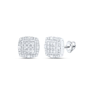 10kt White Gold Mens Round Diamond Square Earrings 1-1/2 Cttw