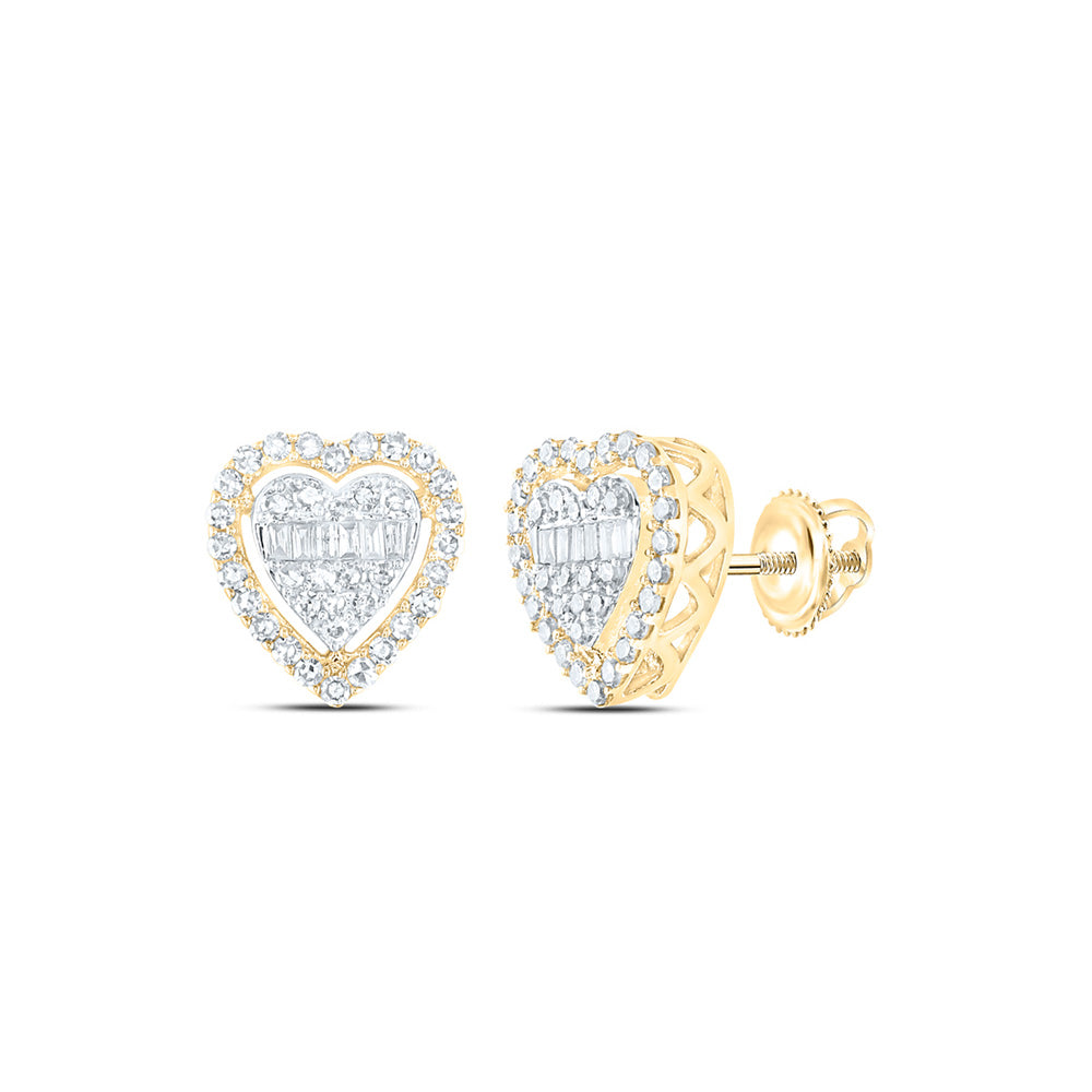 10kt Yellow Gold Womens Baguette Diamond Heart Earrings 1/2 Cttw