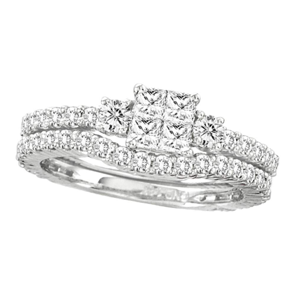 14kt White Gold Princess Diamond Bridal Wedding Ring Band Set 1-1/2 Cttw