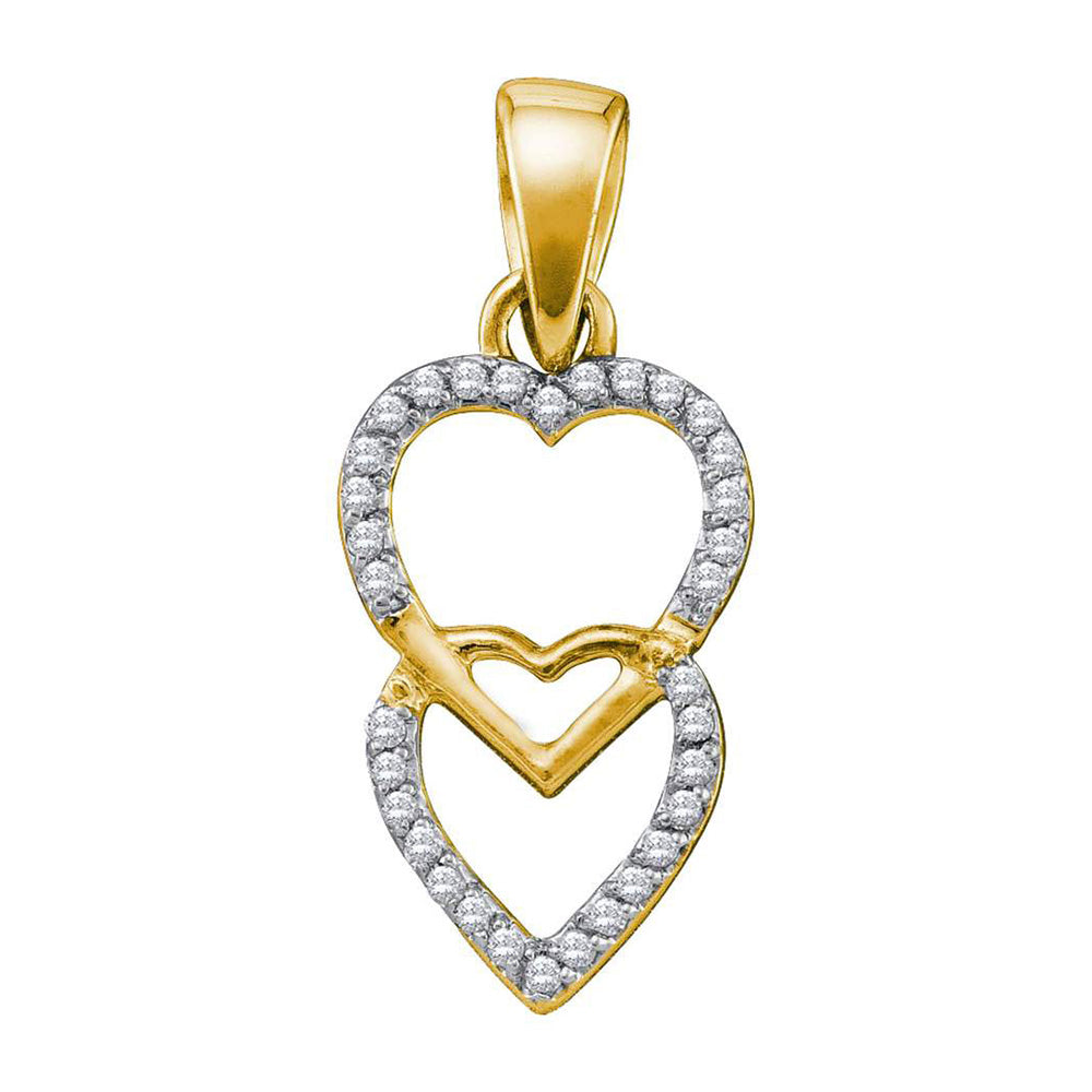 10kt Yellow Gold Womens Round Diamond Double Heart Pendant 1/10 Cttw