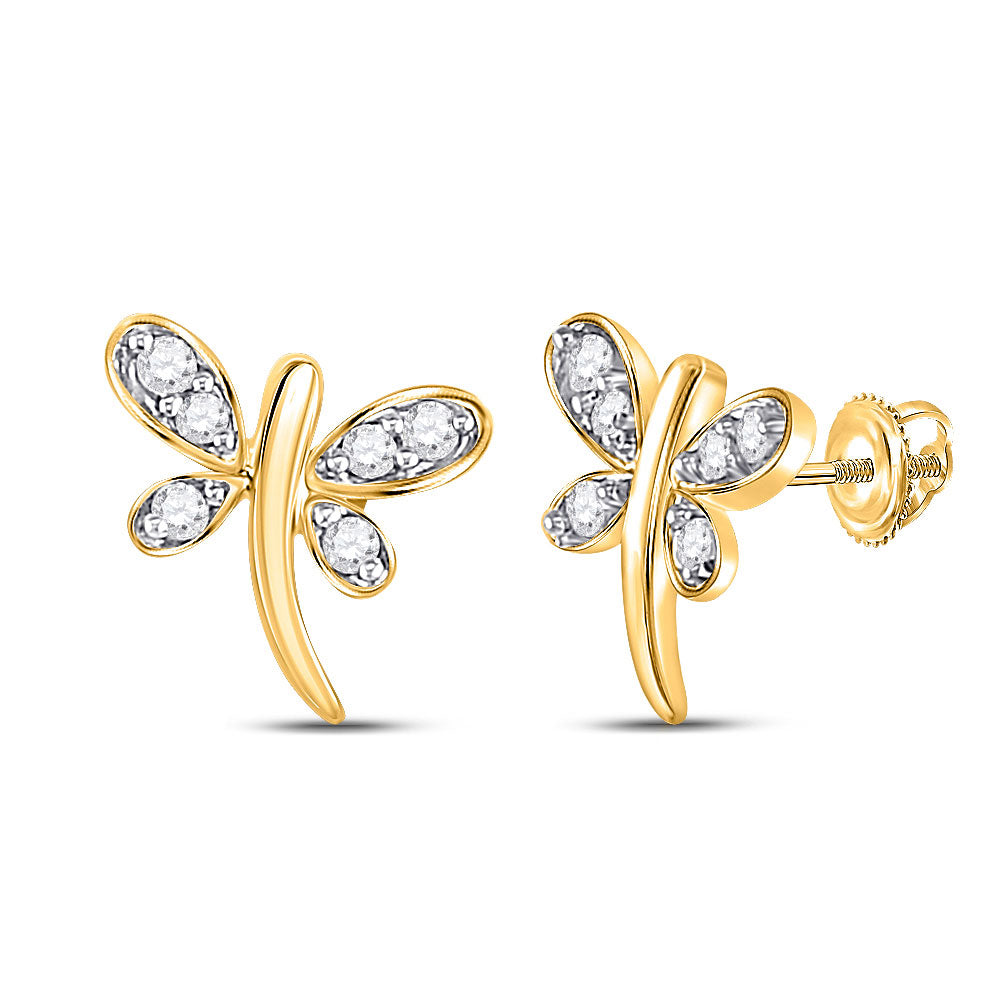 10kt Yellow Gold Womens Round Diamond Dragonfly Butterfly Bug Stud Earrings 1/20 Cttw