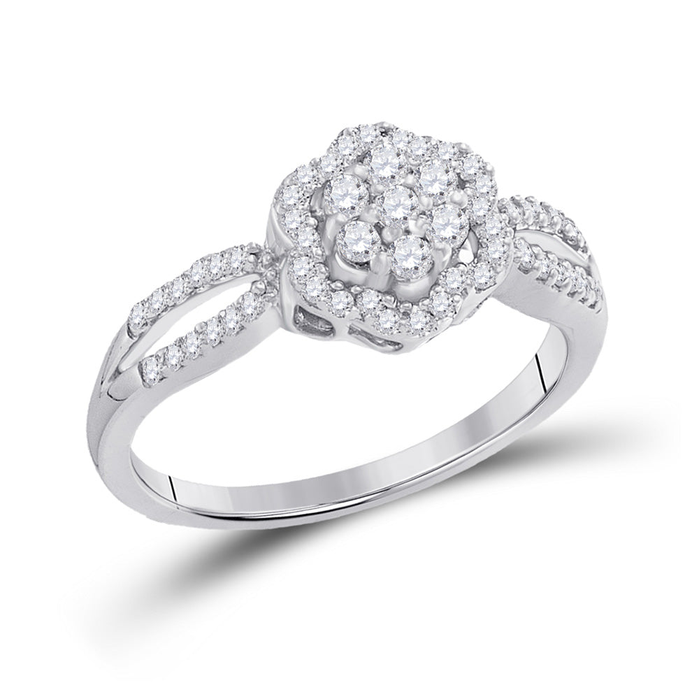 10kt White Gold Womens Round Diamond Flower Cluster Ring 1/3 Cttw