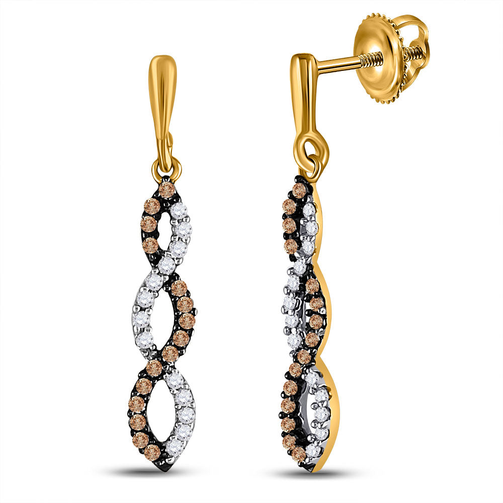 10kt Yellow Gold Womens Round Brown Diamond Twist Dangle Earrings 1/5 Cttw