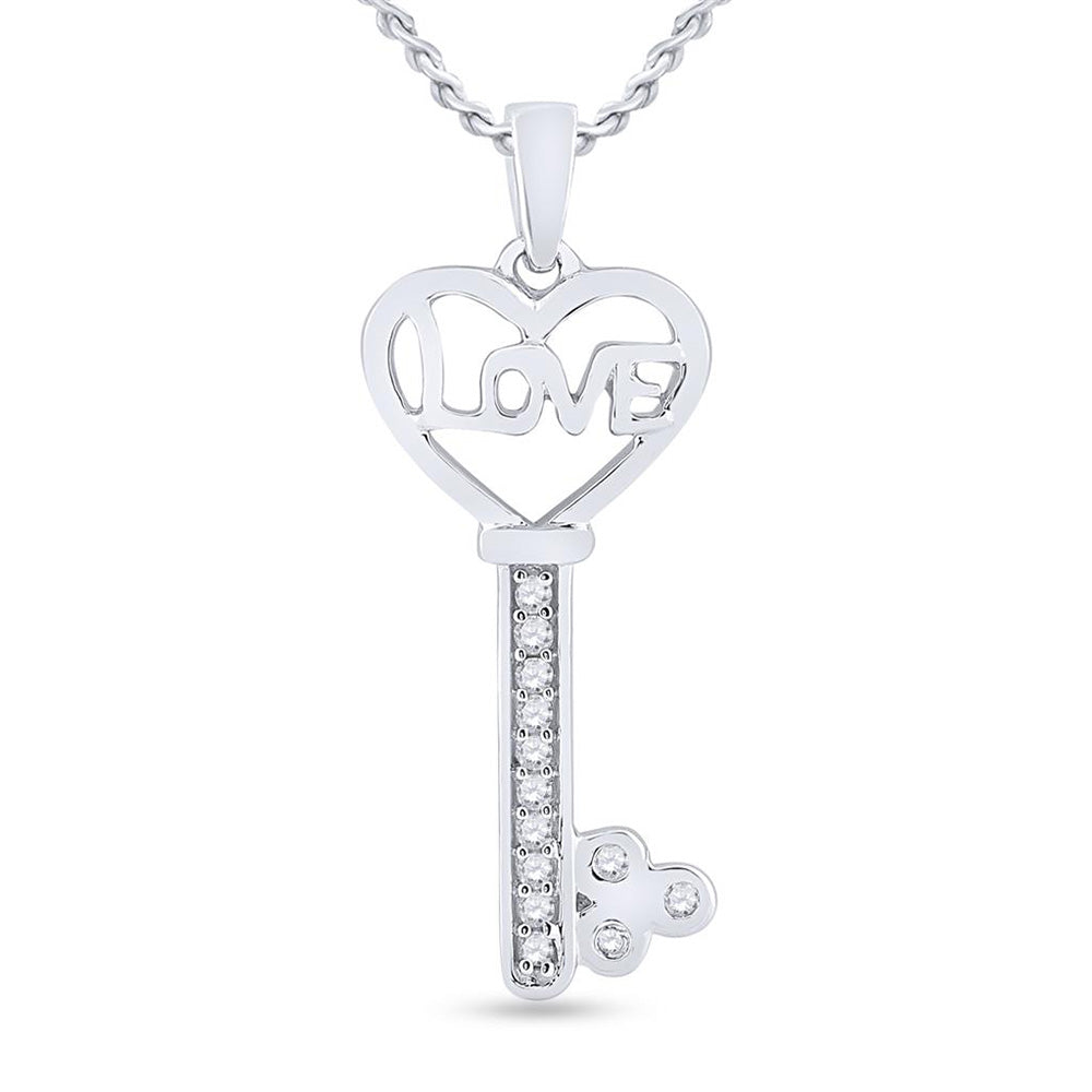 Sterling Silver Womens Round Diamond Love Key Pendant 1/10 Cttw