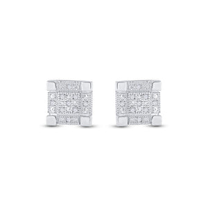 Sterling Silver Mens Round Diamond 3D Cube Square Earrings 1/20 Cttw