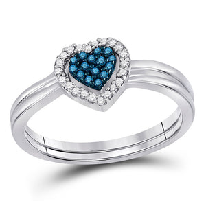 Sterling Silver Womens Round Blue Color Enhanced Diamond Heart Bridal Wedding Set 1/8 Cttw