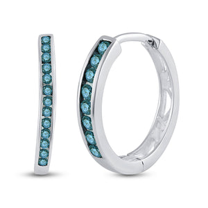 10kt White Gold Womens Round Blue Color Enhanced Diamond Hoop Earrings 1/4 Cttw