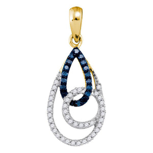 10kt Yellow Gold Womens Round Blue Color Enhanced Diamond Teardrop Pendant 1/3 Cttw