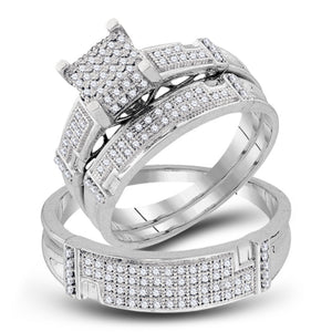 10kt White Gold His Hers Round Diamond Square Matching Wedding Set 1/2 Cttw