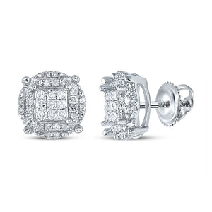 10kt White Gold Mens Round Diamond Cluster Earrings 1/4 Cttw