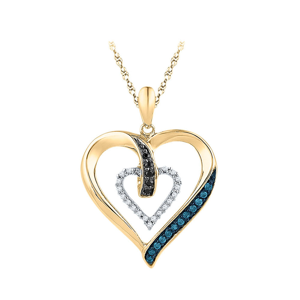 10kt Yellow Gold Womens Round Blue Color Enhanced Diamond Heart Pendant 1/6 Cttw