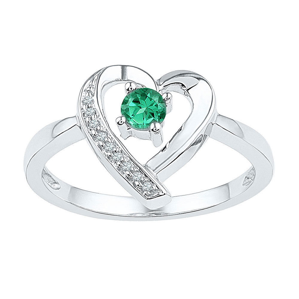 Sterling Silver Womens Round Lab-Created Emerald Solitaire Heart Ring 1/4 Cttw