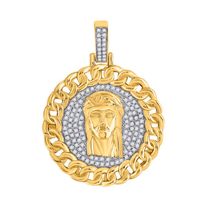 10kt Yellow Gold Mens Round Diamond Cuban Link Circle Jesus Face Pendant 1 Cttw