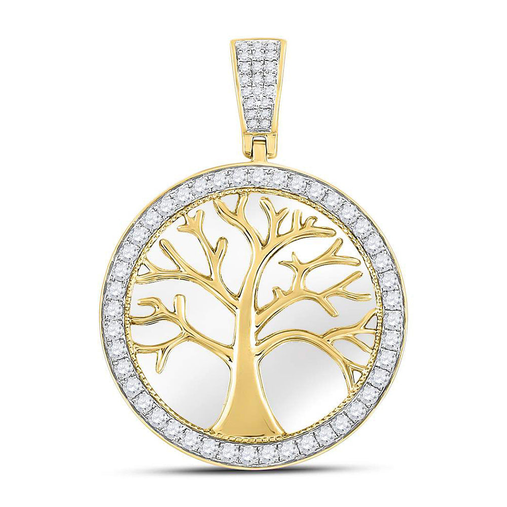 10kt Yellow Gold Mens Round Diamond Tree of Life Circle Charm Pendant 3/4 Cttw