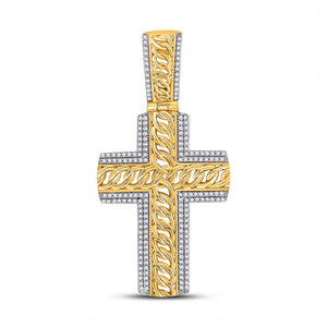 10kt Yellow Gold Mens Round Diamond Curb Link Cross Charm Pendant 1/2 Cttw