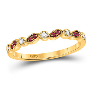 10kt Yellow Gold Womens Round Ruby Diamond Stackable Band Ring 1/8 Cttw
