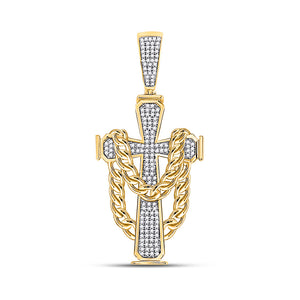 10kt Yellow Gold Mens Round Diamond Cross Cuban Link Charm Pendant 3/8 Cttw