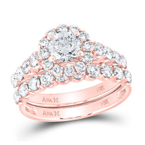 14kt Rose Gold Round Diamond Bridal Wedding Ring Band Set 2 Cttw
