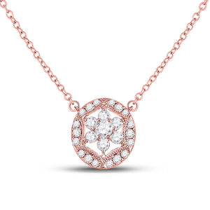 14kt Rose Gold Womens Round Diamond Floral Cluster Necklace 1/3 Cttw