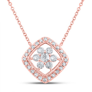 14kt Rose Gold Womens Round Diamond Offset Square Cluster Necklace 1/3 Cttw