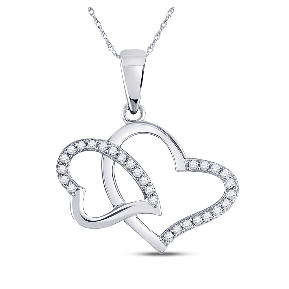 10kt White Gold Womens Round Diamond Double Heart Pendant 1/6 Cttw