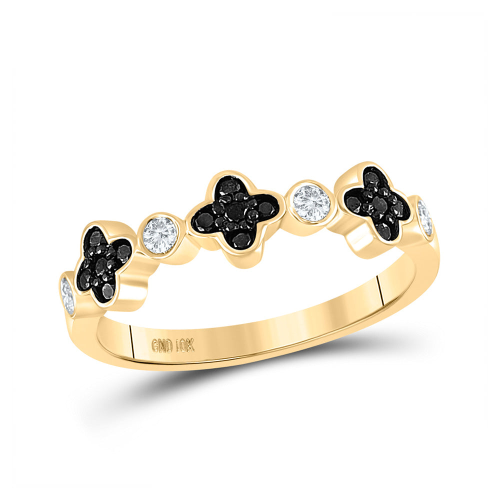 10kt Yellow Gold Womens Round Black Color Enhanced Diamond Clover Band Ring 1/4 Cttw