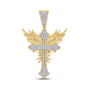 10kt Yellow Gold Mens Round Diamond Gothic Cross Blaze Wings Charm Pendant 1/2 Cttw