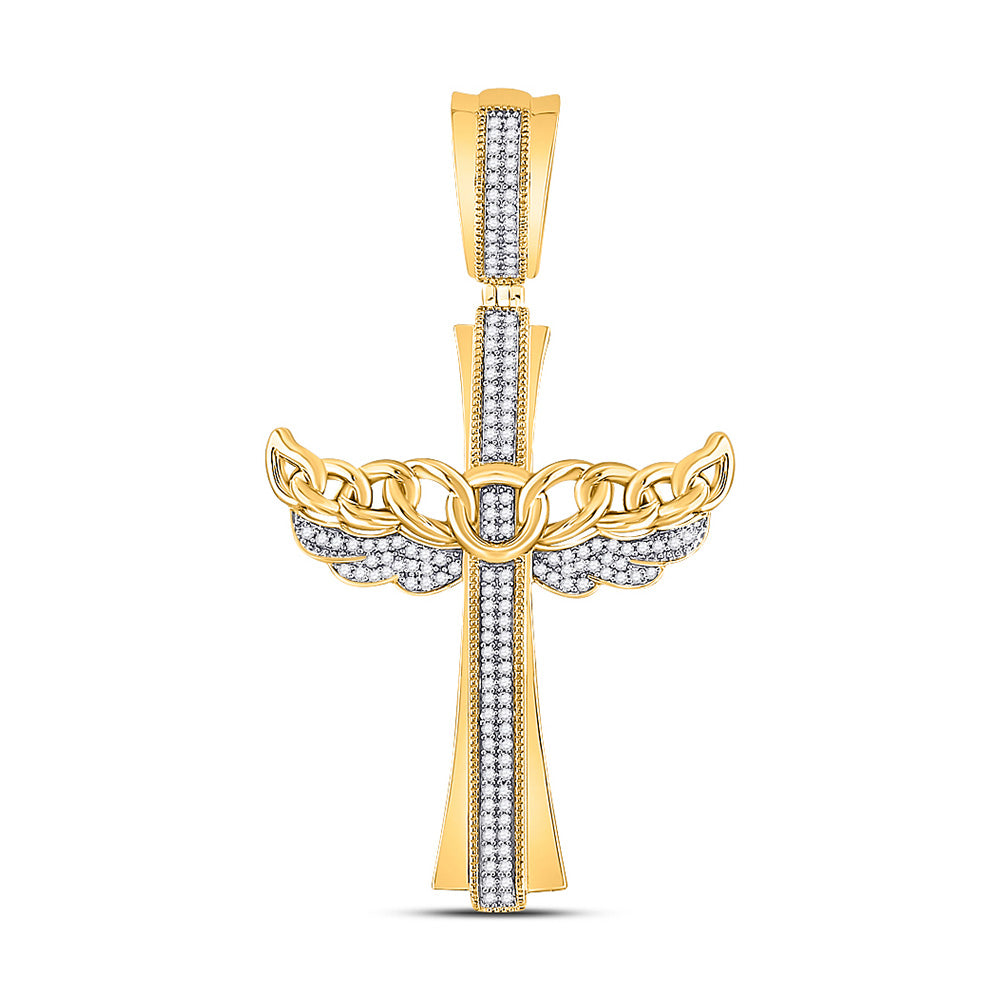 10kt Yellow Gold Mens Round Diamond Angel Wing Cuban Link Cross Charm Pendant 3/8 Cttw