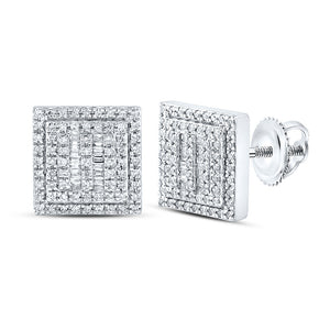 10kt White Gold Mens Baguette Diamond Square Earrings 1/2 Cttw