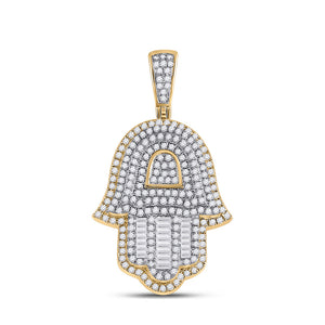 10kt Yellow Gold Mens Baguette Diamond Hamsa Hand Charm Pendant 1-1/3 Cttw