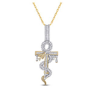 10kt Yellow Gold Mens Baguette Diamond Snake Ankh Cross Charm Pendant 1-1/5 Cttw