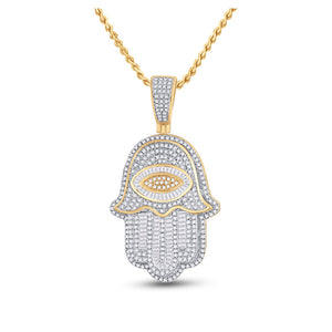 14kt Yellow Gold Mens Baguette Diamond Eye Fatima Hamsa Charm Pendant 1-1/2 Cttw