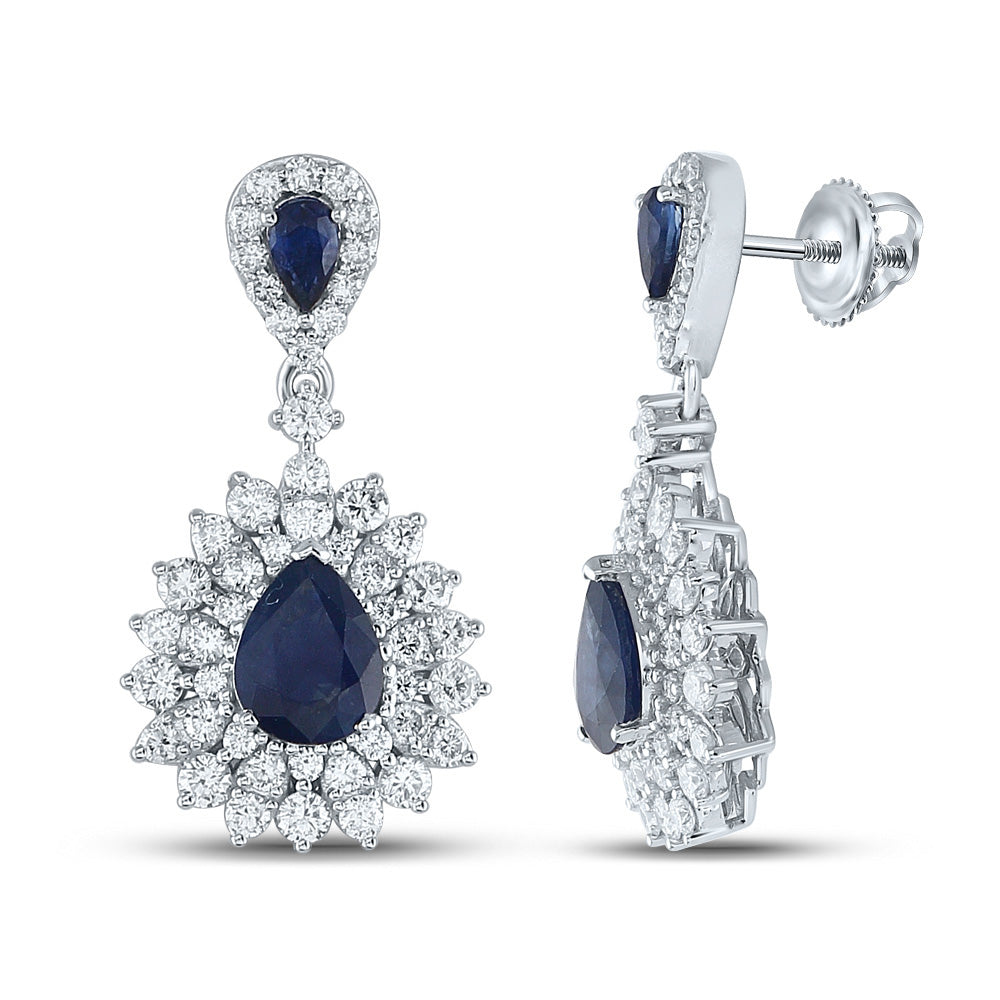 14kt White Gold Womens Pear Blue Sapphire Diamond Dangle Earrings 4-7/8 Cttw